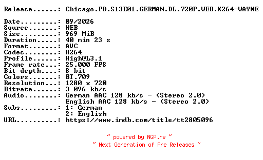 NFO for the release Chicago.PD.S13E01.GERMAN.DL.720P.WEB.X264-WAYNE by WAYNE
