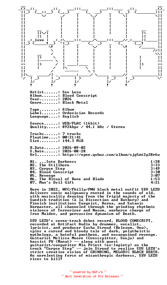 NFO for the release Sev_Lezu-Blood_Conscript-16BIT-WEB-FLAC-2026-MOONBLOOD by MOONBLOOD