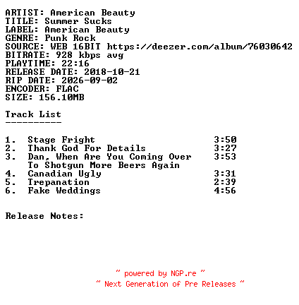 NFO for the release American_Beauty-Summer_Sucks-16BIT-WEB-FLAC-2018-SDR by SDR