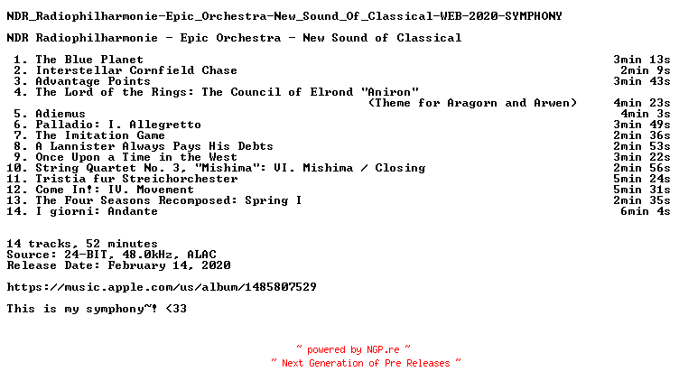 NFO for the release NDR_Radiophilharmonie-Epic_Orchestra-New_Sound_Of_Classical-WEB-2020-SYMPHONY by SYMPHONY