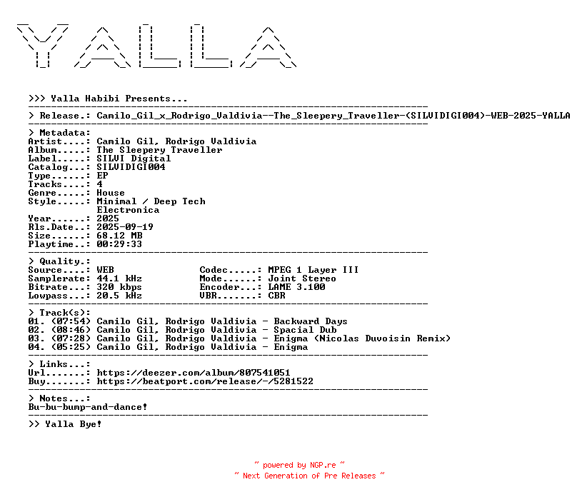 NFO for the release Camilo_Gil_x_Rodrigo_Valdivia--The_Sleepery_Traveller-(SILVIDIGI004)-WEB-2025-YALLA by YALLA