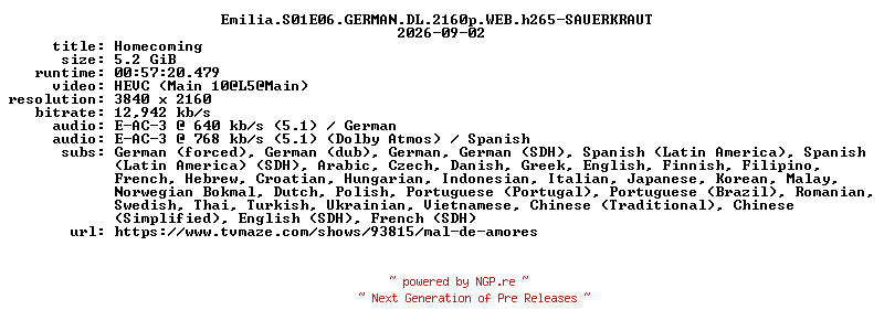 NFO for the release Emilia.S01E06.GERMAN.DL.2160p.WEB.h265-SAUERKRAUT by SAUERKRAUT