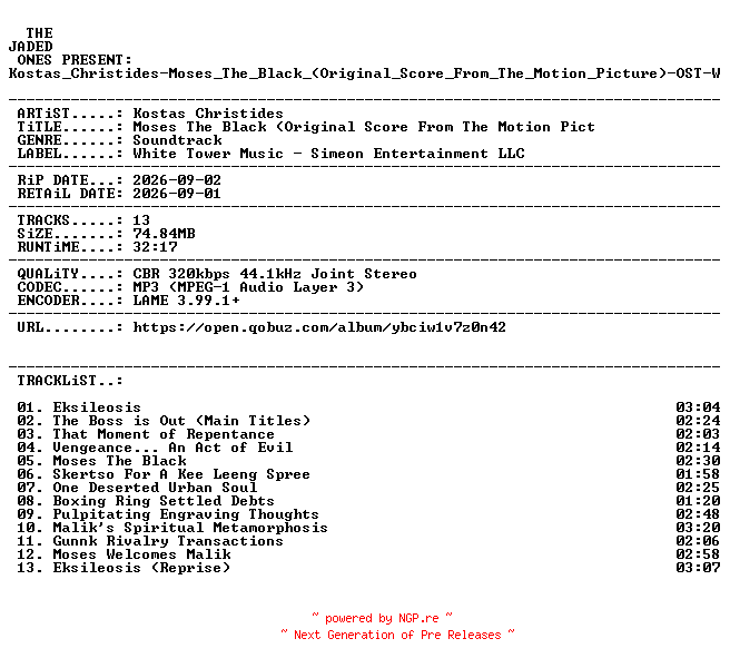 NFO for the release Kostas_Christides-Moses_The_Black_(Original_Score_From_The_Motion_Picture)-OST-WEB-2026-JADED by JADED