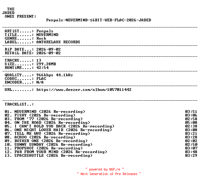 NFO for the release Penpals-NEVERMIND-16BIT-WEB-FLAC-2026-JADED by JADED