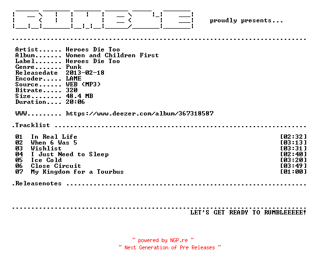 NFO for the release Heroes_Die_Too-Women_and_Children_First-EP-(WEB)-2013-RUMBLE by RUMBLE