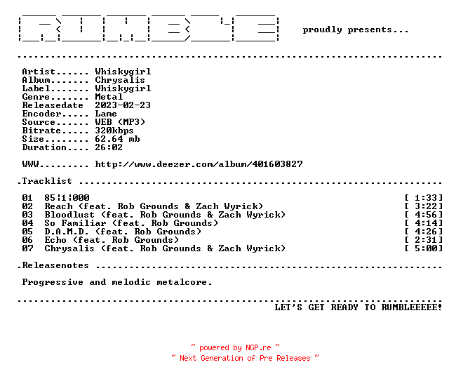 NFO for the release Whiskygirl-Chrysalis-EP-(WEB)-2023-RUMBLE by RUMBLE