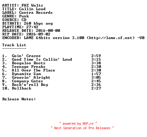 NFO for the release FAZ_Waltz-Callin_Loud-2016-SDR by SDR