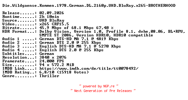 NFO for the release Die.Wildgaense.Kommen.1978.German.DL.2160p.UHD.BluRay.x265-BROTHERHOOD by BROTHERHOOD