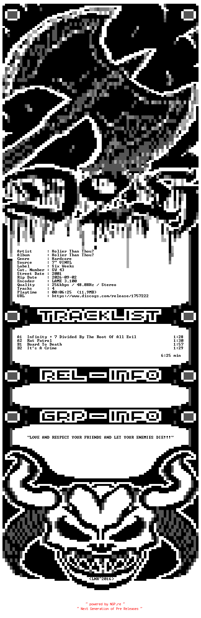 NFO for the release Holier_Than_Thou-Holier_Than_Thou-7_INCH_VINYL-2001-D2H by D2H