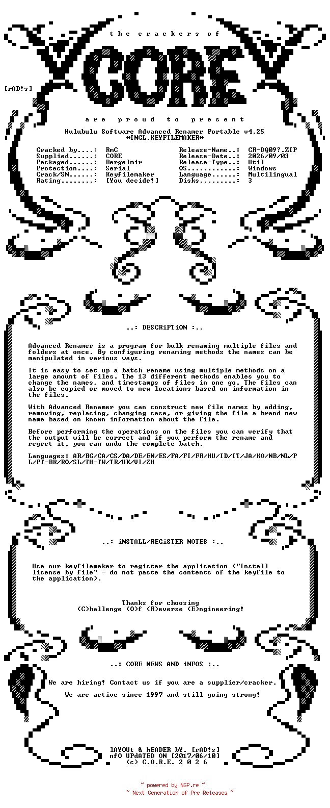 NFO for the release Hulubulu.Software.Advanced.Renamer.Portable.v4.25.x64.Multilingual.Incl.Keyfilemaker-CORE by CORE