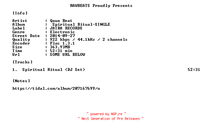 NFO for the release Qawa_Beat-Spiritual_Ritual-SINGLE-16BIT-WEB-FLAC-2014-RAWBEATS by RAWBEATS