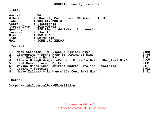 NFO for the release VA-Variety_Music_Pres._Choices_Vol._4-16BIT-WEB-FLAC-2026-RAWBEATS by RAWBEATS