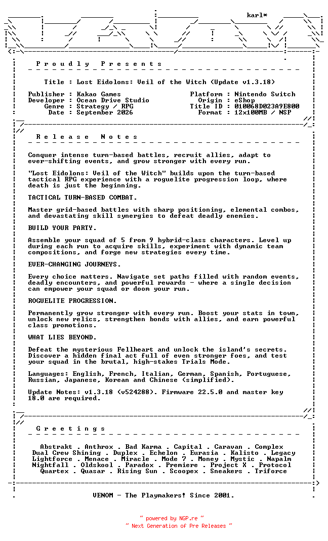 NFO for the release Lost_Eidolons_Veil_of_the_Witch_Update_v1.3.18_NSW-VENOM by VENOM