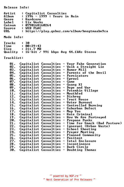 NFO for the release Capitalist_Casualties-1996_1999_Years_In_Ruin-16BIT-44KHZ-WEB-FLAC-2004-CBR by CBR