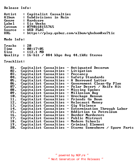NFO for the release Capitalist_Casualties-Subdivisions_In_Ruin-16BIT-44KHZ-WEB-FLAC-1999-CBR by CBR