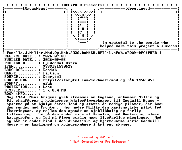NFO for the release Fenella.J.Miller.Mod.Og.Hab.2026.DANiSH.RETAiL.ePub.eBOOK-DECiPHER by DECiPHER