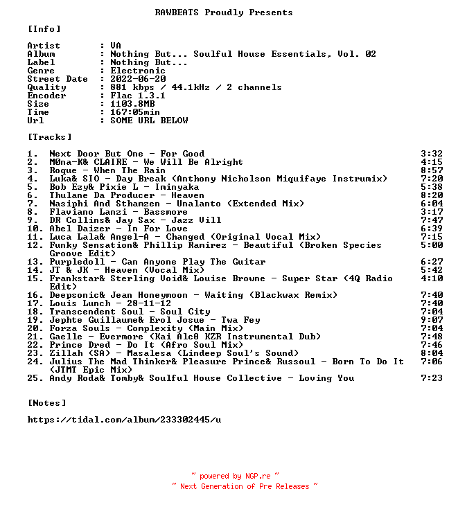 NFO for the release VA-Nothing_But..._Soulful_House_Essentials_Vol._02-16BIT-WEB-FLAC-2022-RAWBEATS by RAWBEATS