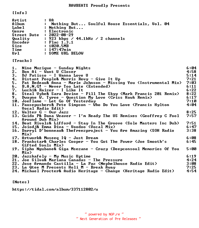 NFO for the release VA-Nothing_But..._Soulful_House_Essentials_Vol._04-16BIT-WEB-FLAC-2022-RAWBEATS by RAWBEATS