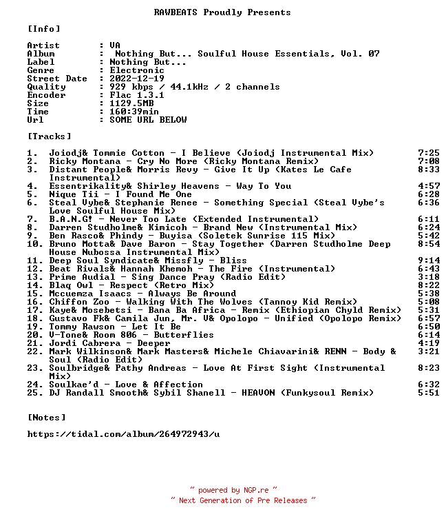 NFO for the release VA-Nothing_But..._Soulful_House_Essentials_Vol._07-16BIT-WEB-FLAC-2022-RAWBEATS by RAWBEATS