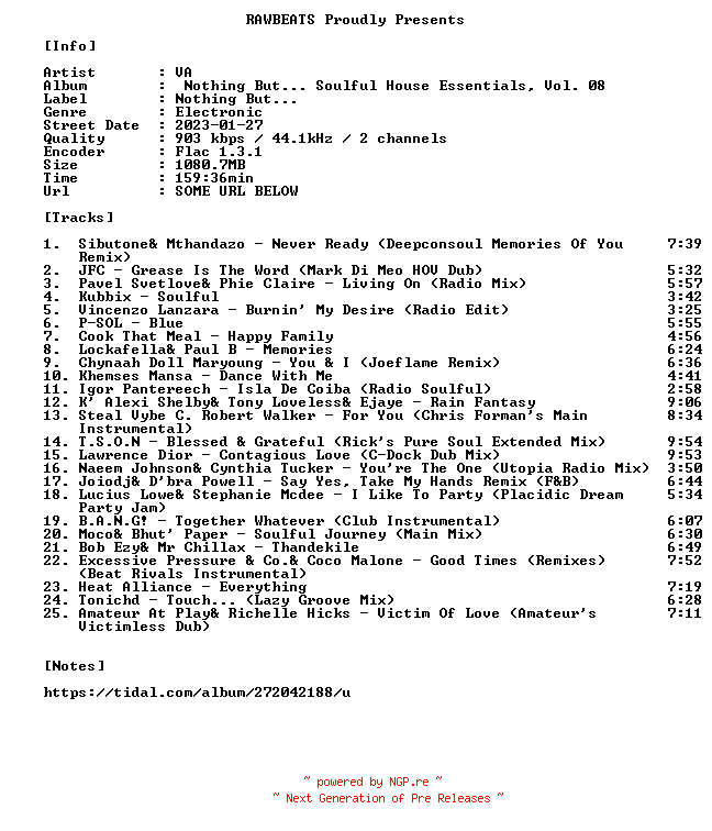 NFO for the release VA-Nothing_But..._Soulful_House_Essentials_Vol._08-16BIT-WEB-FLAC-2023-RAWBEATS by RAWBEATS