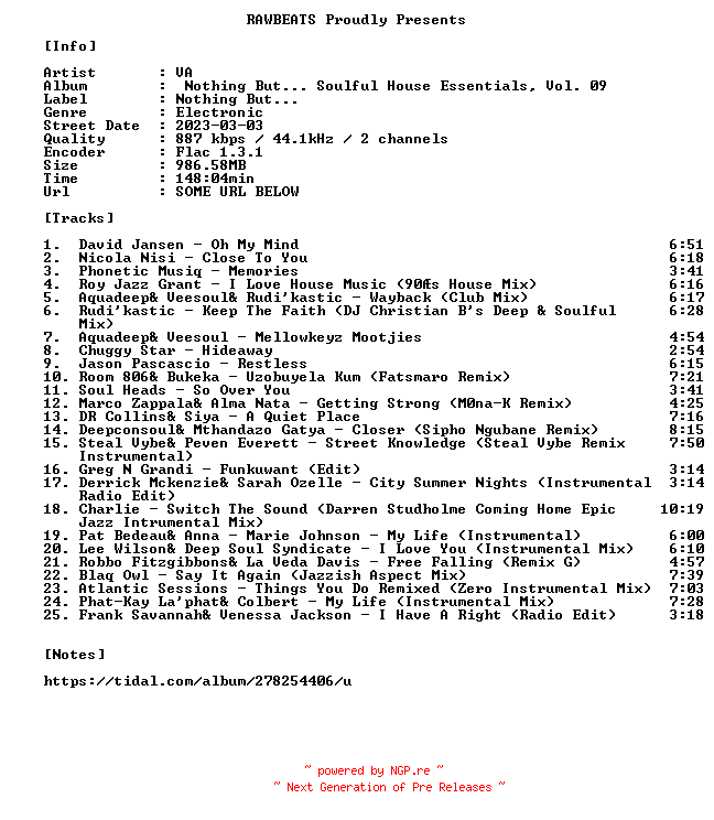 NFO for the release VA-Nothing_But..._Soulful_House_Essentials_Vol._09-16BIT-WEB-FLAC-2023-RAWBEATS by RAWBEATS