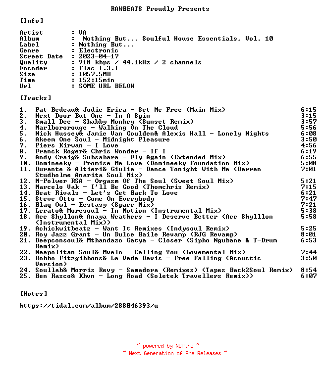 NFO for the release VA-Nothing_But..._Soulful_House_Essentials_Vol._10-16BIT-WEB-FLAC-2023-RAWBEATS by RAWBEATS