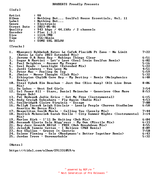 NFO for the release VA-Nothing_But..._Soulful_House_Essentials_Vol._11-16BIT-WEB-FLAC-2023-RAWBEATS by RAWBEATS