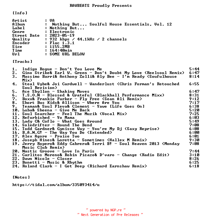 NFO for the release VA-Nothing_But..._Soulful_House_Essentials_Vol._12-16BIT-WEB-FLAC-2023-RAWBEATS by RAWBEATS