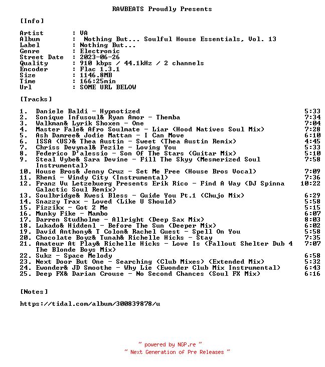 NFO for the release VA-Nothing_But..._Soulful_House_Essentials_Vol._13-16BIT-WEB-FLAC-2023-RAWBEATS by RAWBEATS