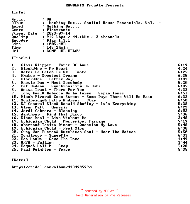 NFO for the release VA-Nothing_But..._Soulful_House_Essentials_Vol._14-16BIT-WEB-FLAC-2023-RAWBEATS by RAWBEATS