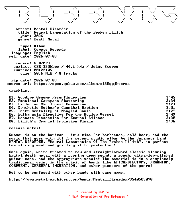 NFO for the release Mental_Disorder-Neural_Lamentation_of_the_Broken_Lilith-WEB-2026-BLEEDiNG by BLEEDiNG