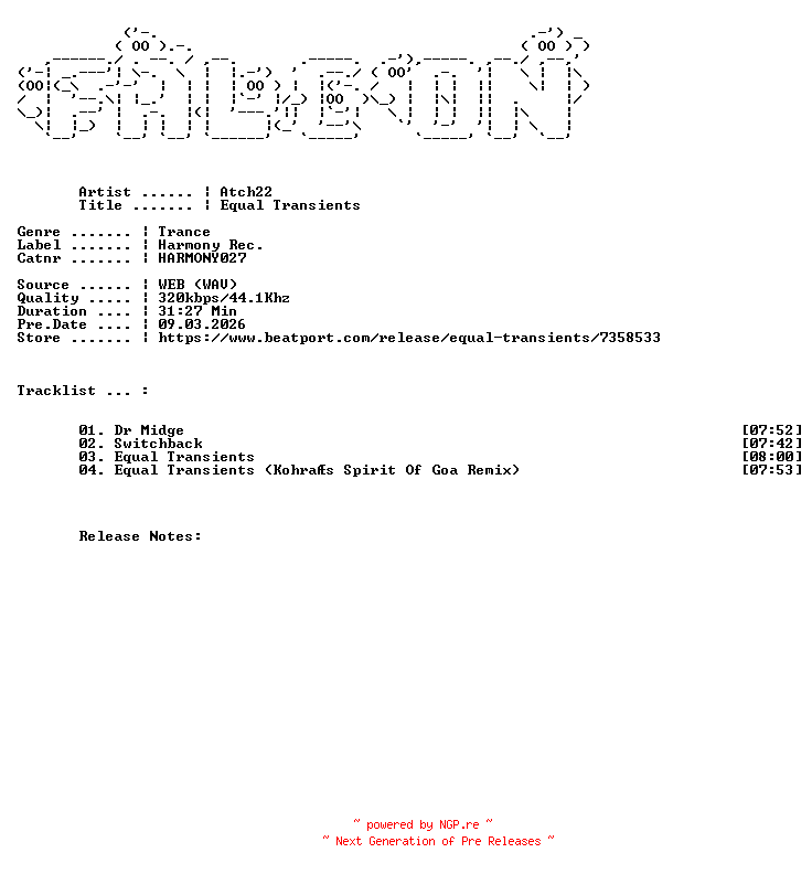 NFO for the release Atch22-Equal_Transients-(HARMONY027)-WEB-2026-FALCON by FALCON