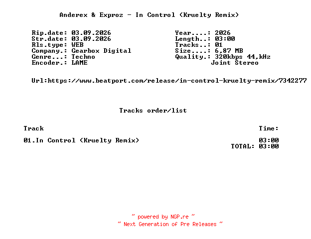 NFO for the release Anderex_And_Exproz_-_In_Control_(Kruelty_Remix)-(GBD565)-SINGLE-WEB-2026-FMC by FMC