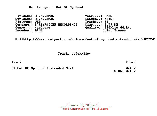 NFO for the release Be_Stronger_-_Out_Of_My_Head-(PR291)-SINGLE-WEB-2026-FMC by FMC
