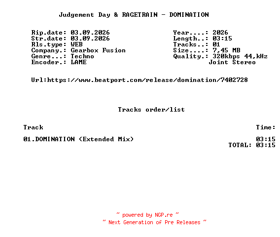 NFO for the release Judgement_Day_And_RAGETRAIN_-_DOMINATION-(GBF059)-SINGLE-WEB-2026-FMC by FMC