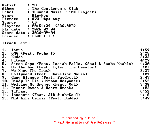 NFO for the release YG-The_Gentlemens_Club-CD-FLAC-2026-PERFECT by PERFECT
