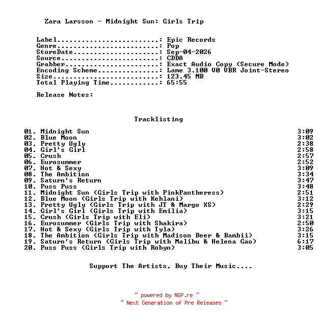 NFO for the release Zara_Larsson-Midnight_Sun_Girls_Trip-(Deluxe_Edition)-2026-C4 by C4