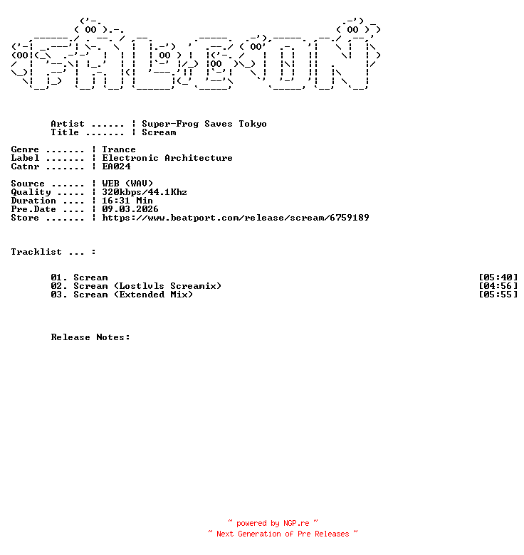 NFO for the release Super-Frog_Saves_Tokyo-Scream-(EA024)-WEB-2026-FALCON by FALCON