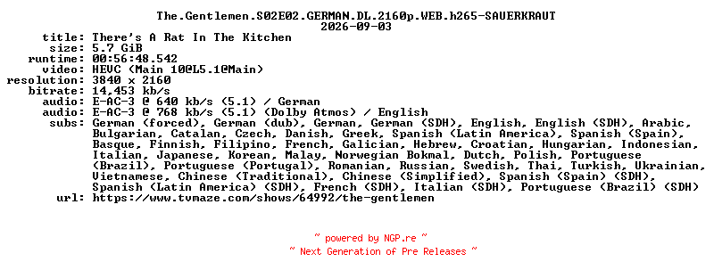 NFO for the release The.Gentlemen.S02E02.GERMAN.DL.2160p.WEB.h265-SAUERKRAUT by SAUERKRAUT