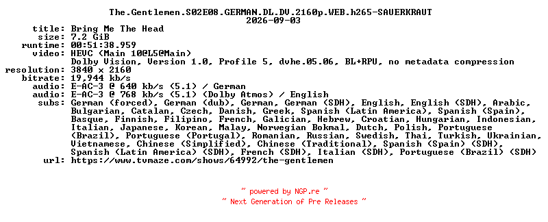 NFO for the release The.Gentlemen.S02E08.GERMAN.DL.DV.2160p.WEB.h265-SAUERKRAUT by SAUERKRAUT