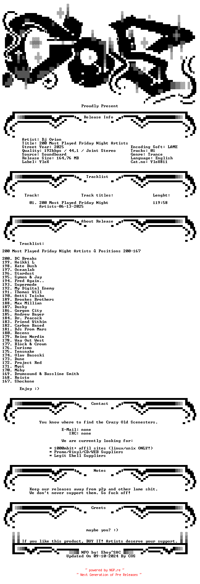 NFO for the release Dj_Orion-200_Most_Played_Friday_Night_Artists-(YleX)-SBD-06-13-2025-COS_INT by COS_INT