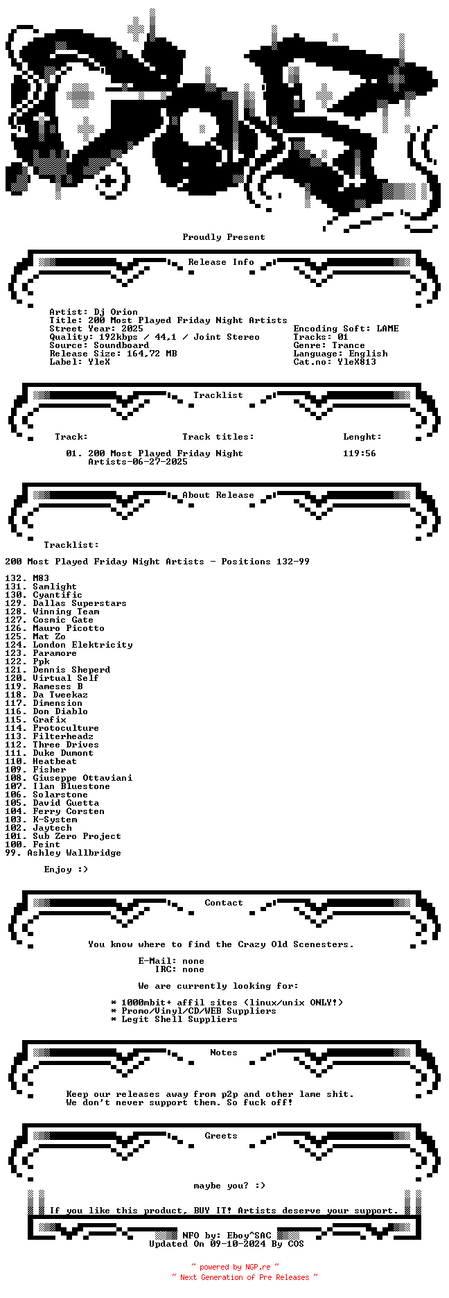NFO for the release Dj_Orion-200_Most_Played_Friday_Night_Artists-(YleX)-SBD-06-27-2025-COS_INT by COS_INT