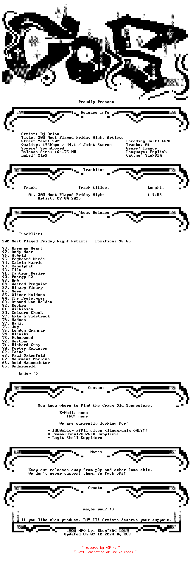 NFO for the release Dj_Orion-200_Most_Played_Friday_Night_Artists-(YleX)-SBD-07-04-2025-COS_INT by COS_INT