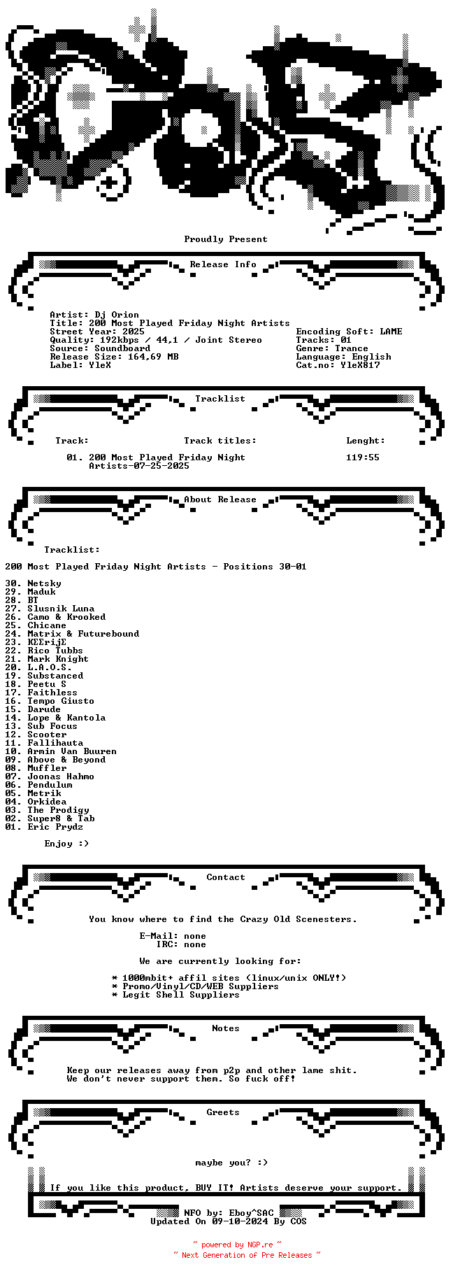 NFO for the release Dj_Orion-200_Most_Played_Friday_Night_Artists-(YleX)-SBD-07-25-2025-COS_INT by COS_INT