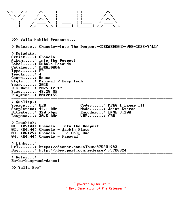 NFO for the release Chanelo--Into_The_Deepest-(DBKABD004)-WEB-2025-YALLA by YALLA