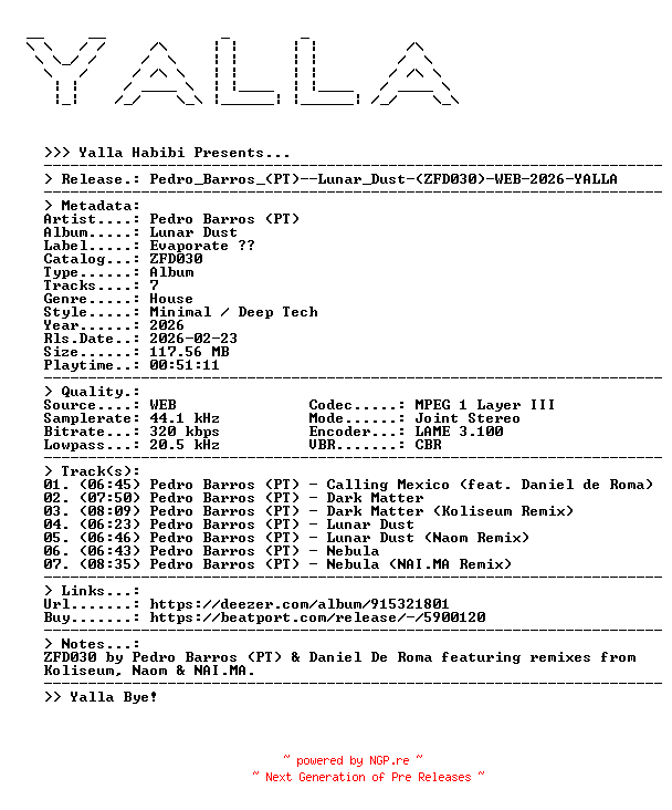 NFO for the release Pedro_Barros_(PT)--Lunar_Dust-(ZFD030)-WEB-2026-YALLA by YALLA