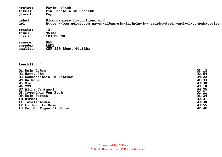 NFO for the release Farin_Urlaub_-_Ein_Laecheln_Im_Gesicht-WEB-DE-2026-BITCOINS by BITCOINS