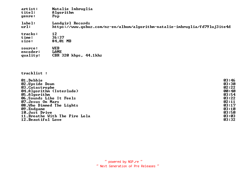NFO for the release Natalie_Imbruglia_-_Algorithm-WEB-2026-BITCOINS by BITCOINS