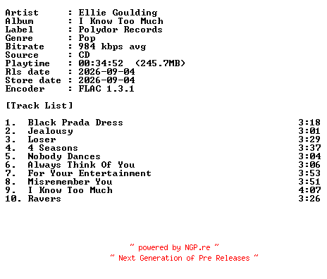 NFO for the release Ellie_Goulding-I_Know_Too_Much-CD-FLAC-2026-PERFECT by PERFECT