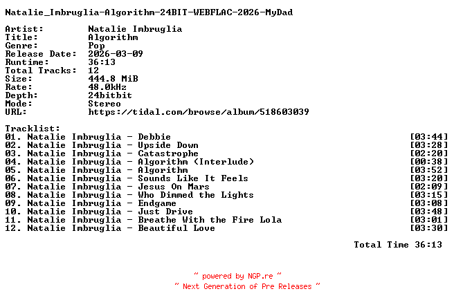 NFO for the release Natalie_Imbruglia-Algorithm-24BIT-WEBFLAC-2026-MyDad by MyDad